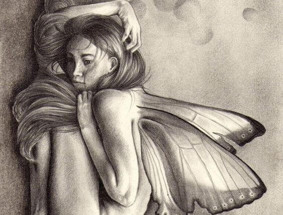 Tegning af kvinde med sommerfuglevinger