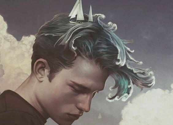 Mand med hav som hår, hvor både sejler i