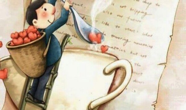 Mand fylder hjerter fra et brev i en kop