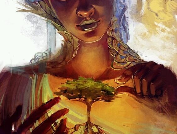 Modernatur står med lille træ