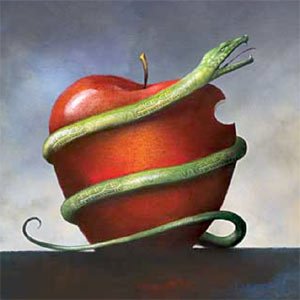 Slange snor sig om æble