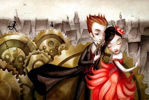 Et par i pænt tøj står foran tandhjul