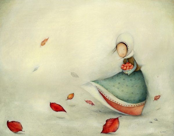 Pige samler blade ind i blæsevejr