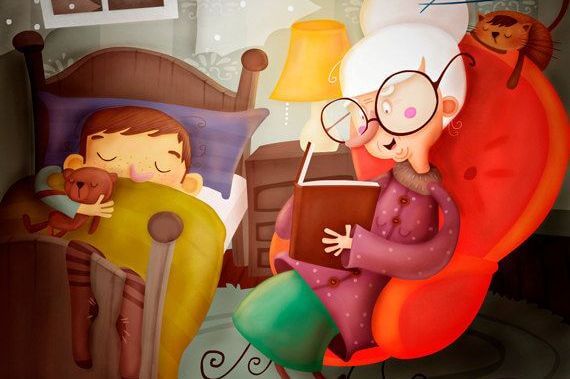 Bedstemor læser bog for børnebørn