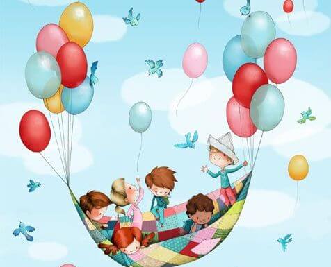 Børn flyver i tæppe med balloner og anvender alternative undervisningsmetoder