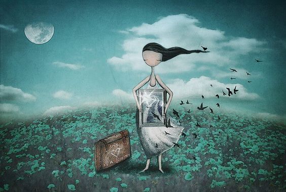 Ensom kvinde står med kuffert og billede