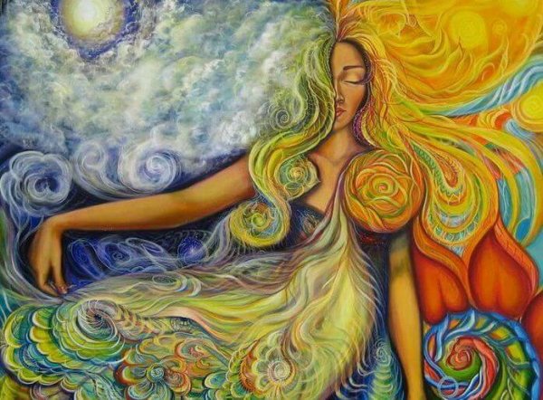 Kvinde med langt hår, sol, himmel og vand har alt, hvad hun har brug for