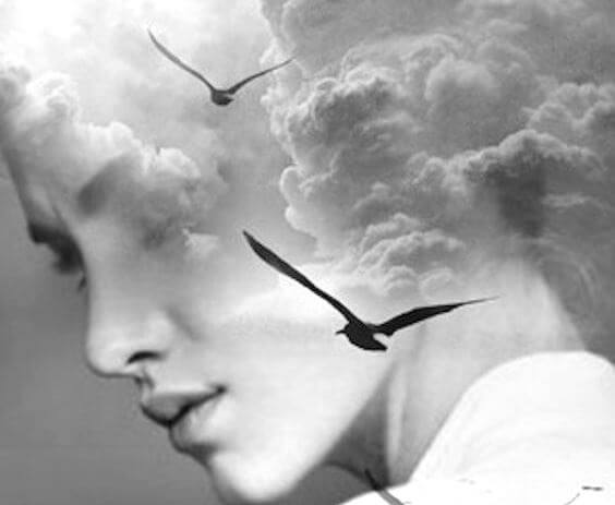 Kvindes ansigt med fugl og skyer foran