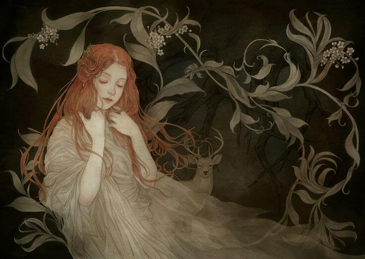 Kvinde i skov med hvid kjole udviser følsomhed