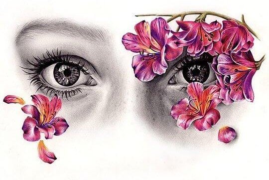 Kvinde med blomster for øjnene som en maske