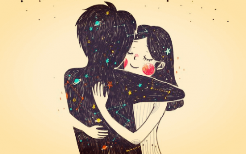 Pige krammer mand lavet af solsystem