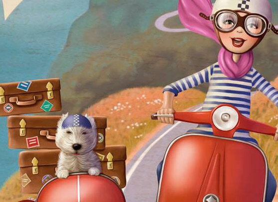 Kvinde med hund på scooter kører væk fra det forkerte job og mod lykken
