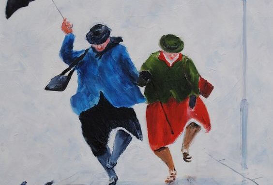 Ældre mennesker danser i regnen