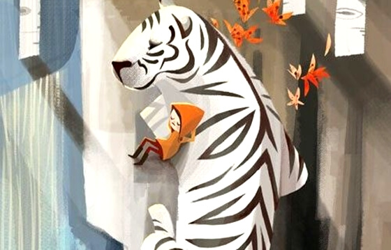 Hvid tiger sammen med barn