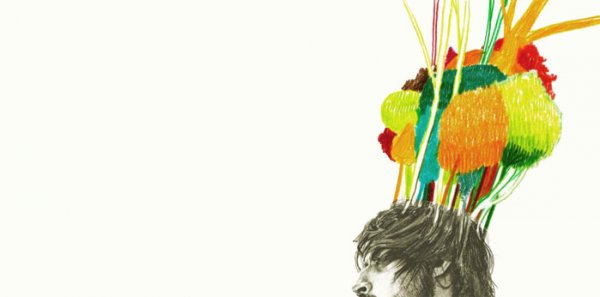 Mand med farvede træer voksende ud af hovedet ser ingen fjender i livet