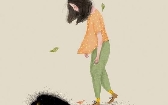 Trist kvinde med en dårlig attitude går med hovedet bøjet