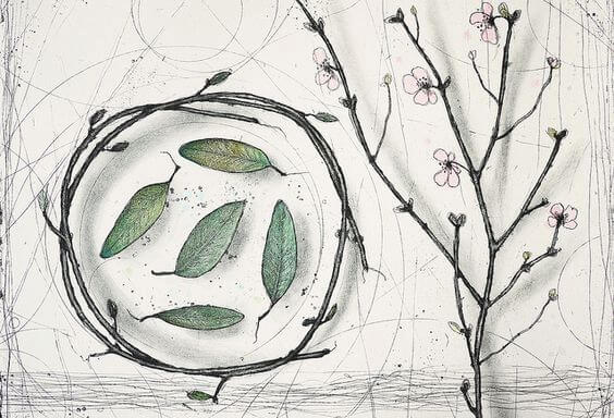 Blade i en cirkel og gren med blomster. Overanstrengelse