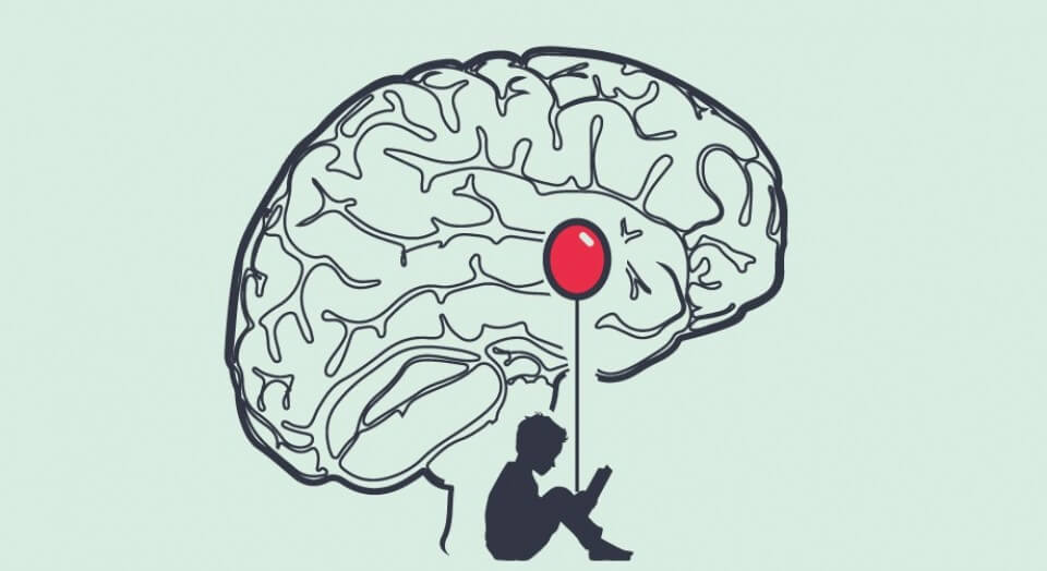 Person sidder med ballon med hjerne rundt om
