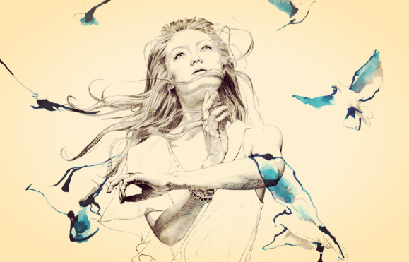 Kvinde med blå fugle omkring sig