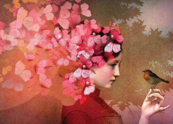 Kvinde med blomster og sommerfugle