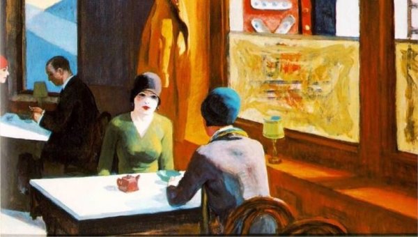 Maleri med mange meningsfulde detaljer af to kvinder på cafe