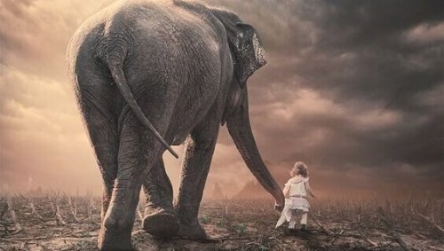 Barn går med kæmpe elefant