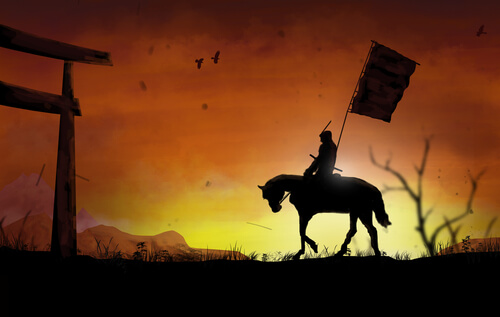 Samurai ridder på hest foran solnedgang
