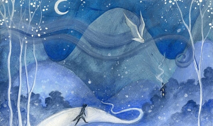 Maleri af nattehimmel og person, der vandrer på grund af sorg