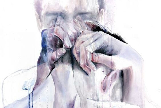 Maleri af mand og hænder smeltet sammen