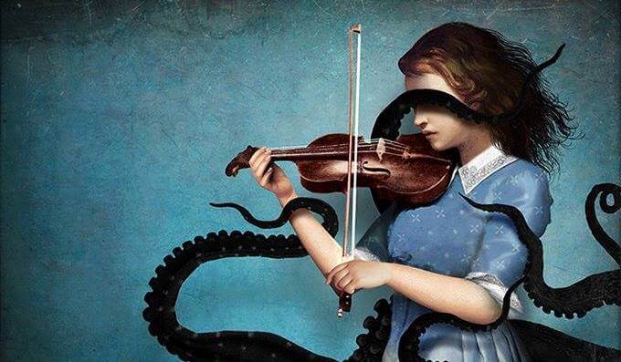 Kvinde spiller violin med blækspruttearme om sig for at udtrykke sin ondskabsfulde side