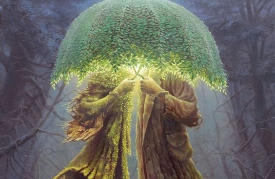 Personer med træ som paraply