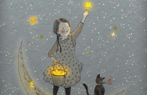 En pige rækker ud efter stjerner på himlen, da hun har indset, vi er lavet af stjernestøv