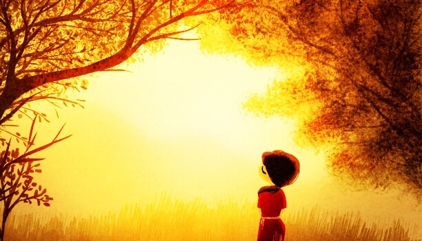 Pige i sollys i skov