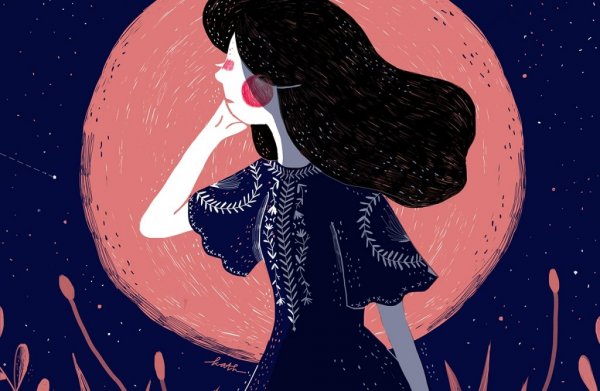 Kvinde foran rød måne