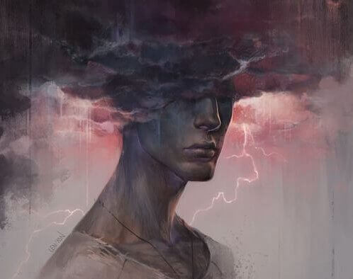 Mand med hoved i tordensky illustrerer følelsesmæssige vampyrer