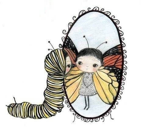 Pige som larve ser sig selv som sommerfugl i spejl