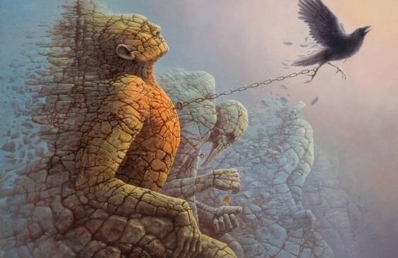 Mand af sten udviser følelsesmæssig modenhed og kæmper mod fugl