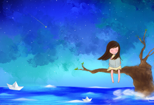 Pige sidder på træ over hav og prøver at omfavne tiden