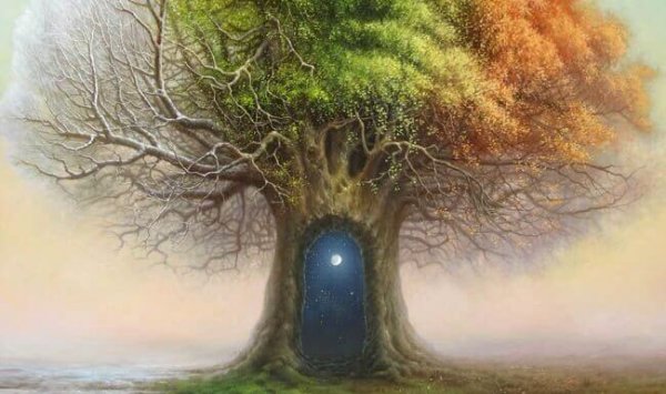 Et træ med hul i midten, der viser nattehimmel