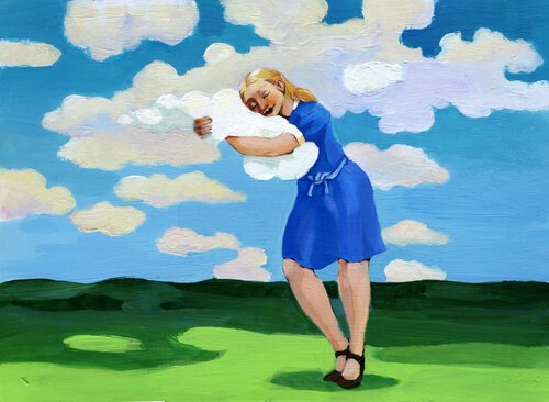 Kvinde krammer sky som illustration for kognitive forvrængninger