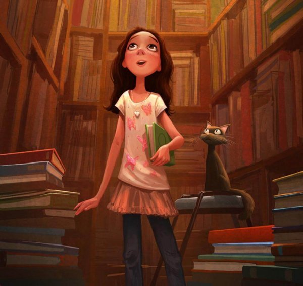 Pige blandt bøger på bibliotek