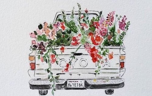 Bil fyldt med blomster