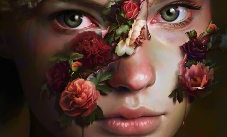 Kvinde med blomster og røde øjne kan ikke finde kærlighed uden lidelse