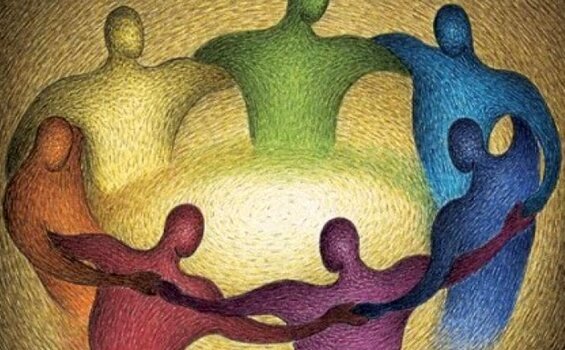 Farverige mennesker står i cirkel