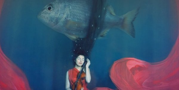 Kvinde i vand med kæmpe fisk