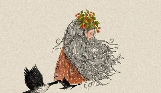 Pige med blomsterkrans på hovedet flyver med gæs