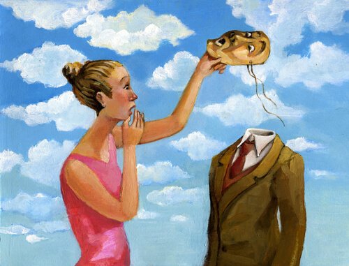 Kvinde tager maske af mand som illustration af kognitive forvrængninger