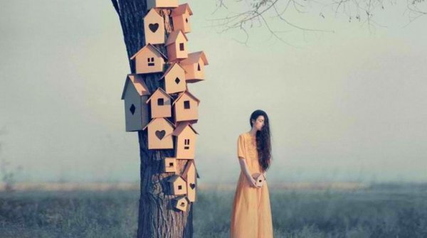 Kvinde ved siden af træ med huse på vælger at respektere naturen