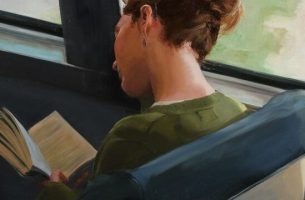 Maleri af dreng i bus, der nyder at læse bøger