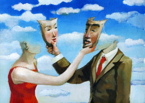 Par tager masker af hinanden for at symbolisere kognitive forvrængninger